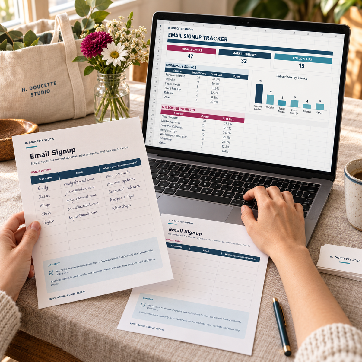 Market vendor organizing subscriber signups and follow-ups in the Email Signup Tracker