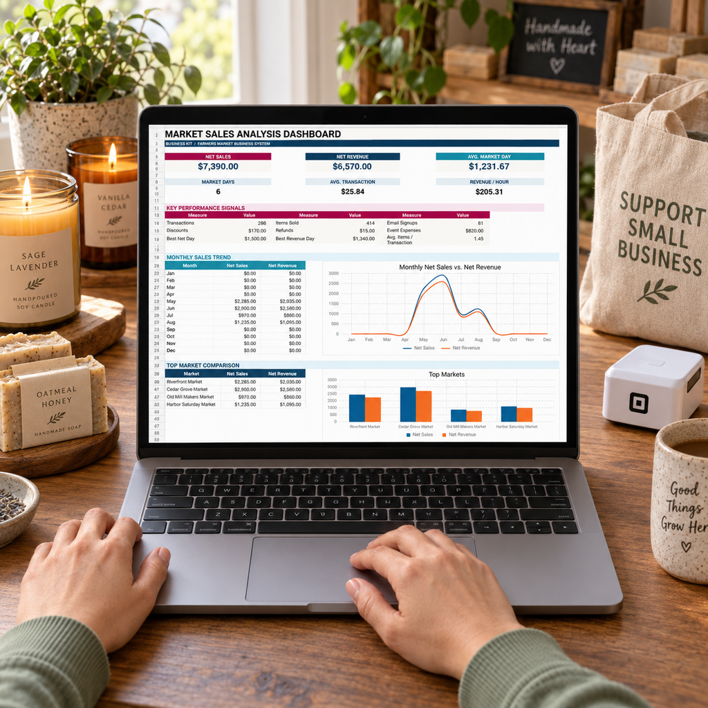 Market sales analysis Excel dashboard in use on a laptop in a handmade goods studio