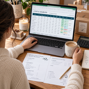 Maker using the Product Cost & Margin Tracker workbook and printable cost review worksheet