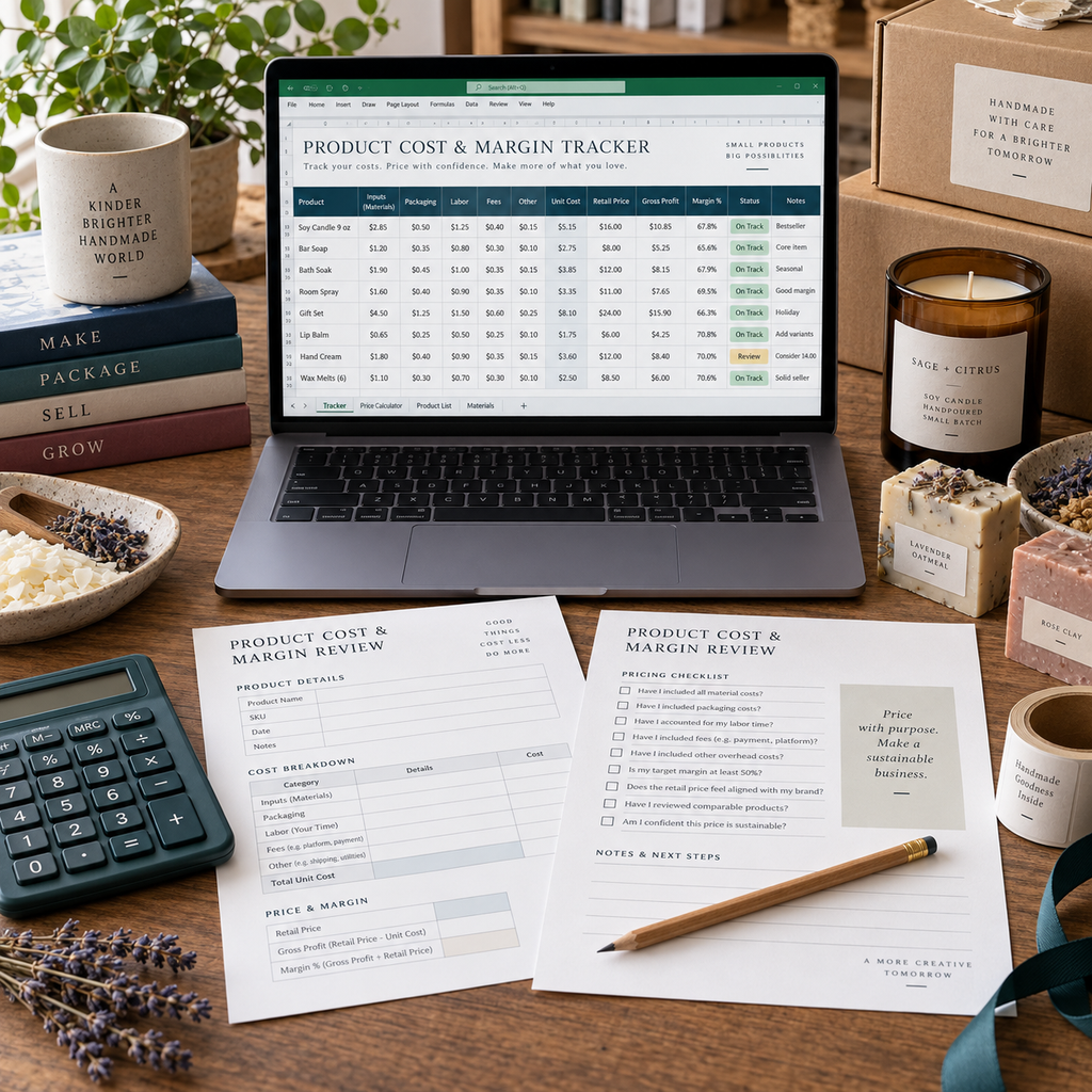 Product Cost & Margin Tracker workbook and printable worksheet on a handmade business costing worktable