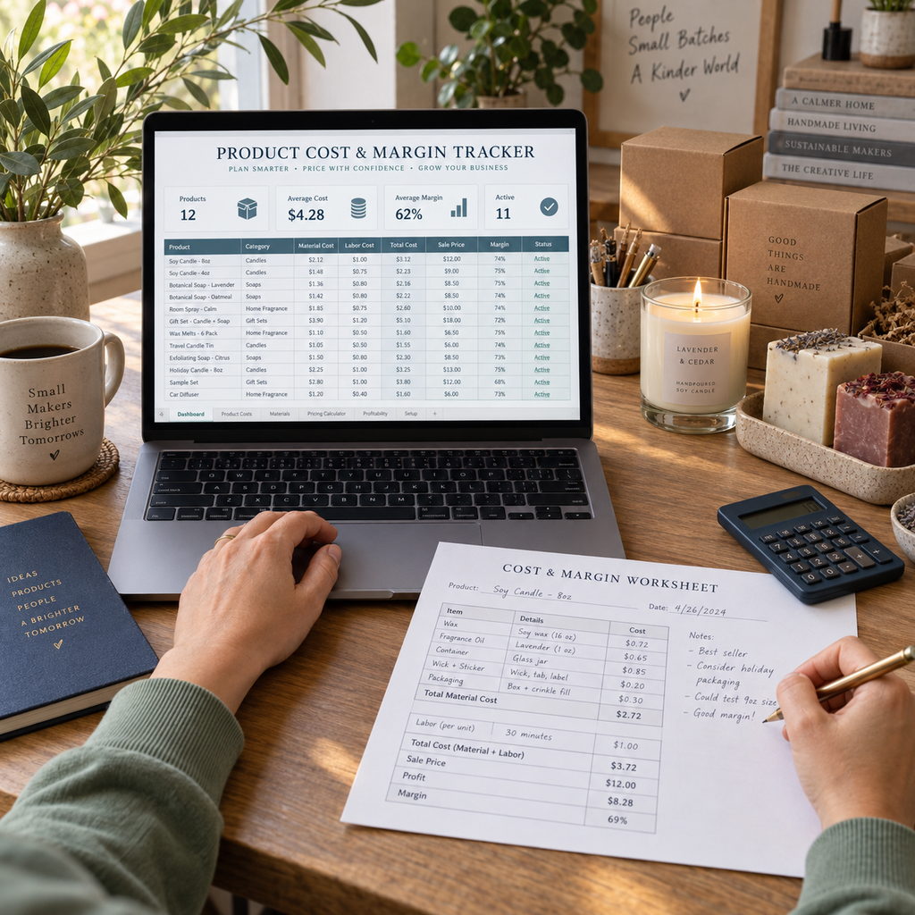 Maker reviewing Product Cost & Margin Tracker dashboard and handwritten cost worksheet