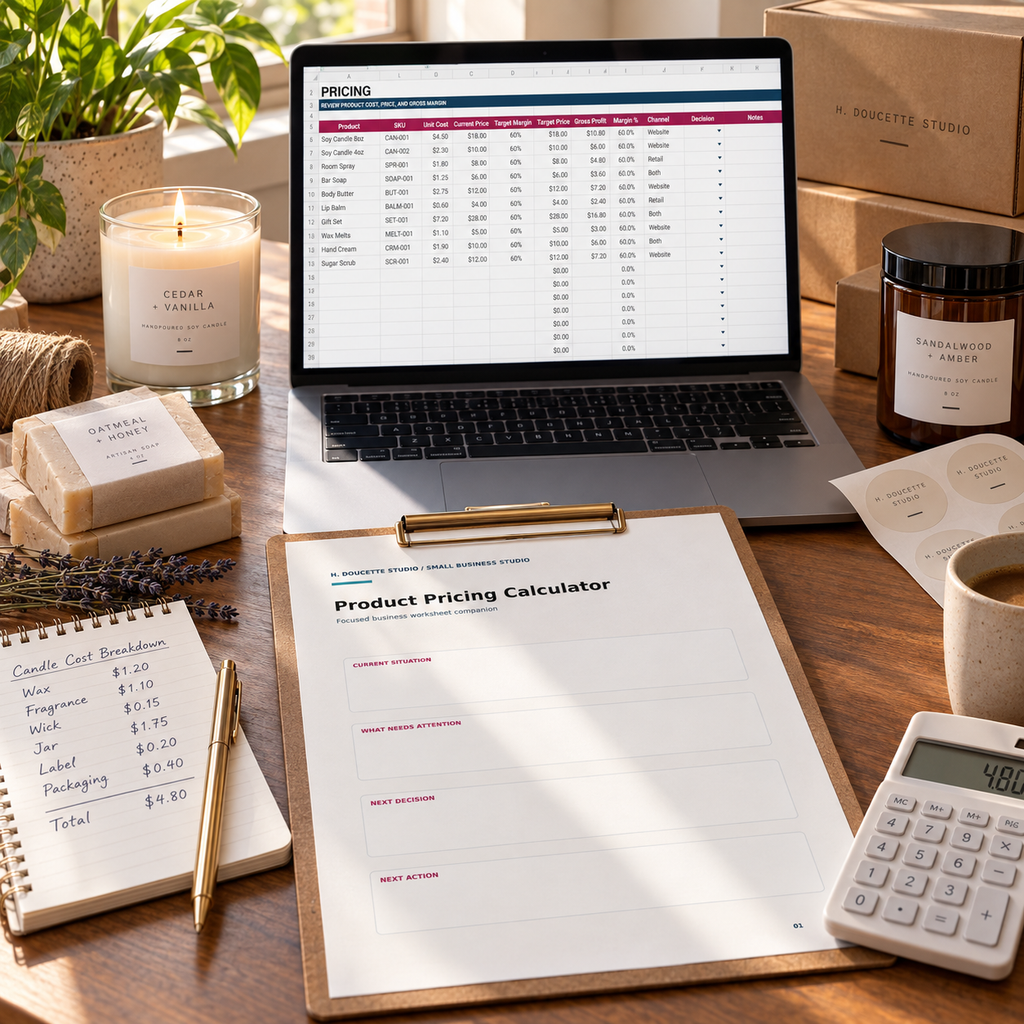 Product Pricing Calculator workbook and printable worksheet on a handmade business pricing worktable