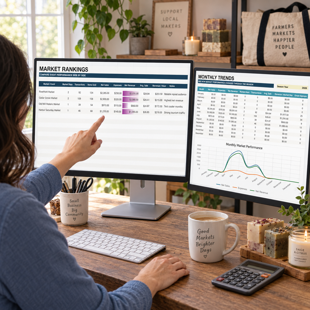 Market vendor reviewing event rankings and monthly performance in the Excel dashboard