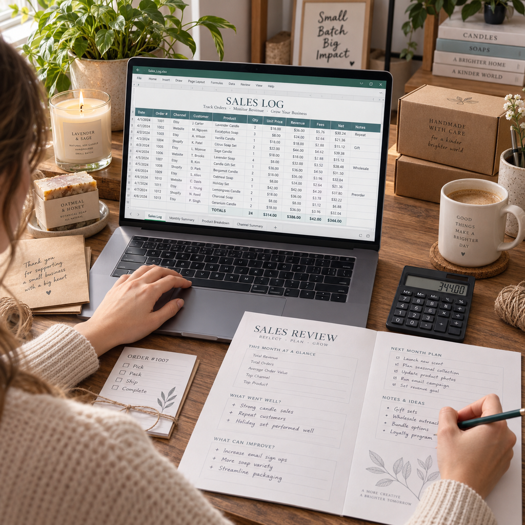 Maker using the Sales & Revenue Dashboard sales log and printable review worksheet