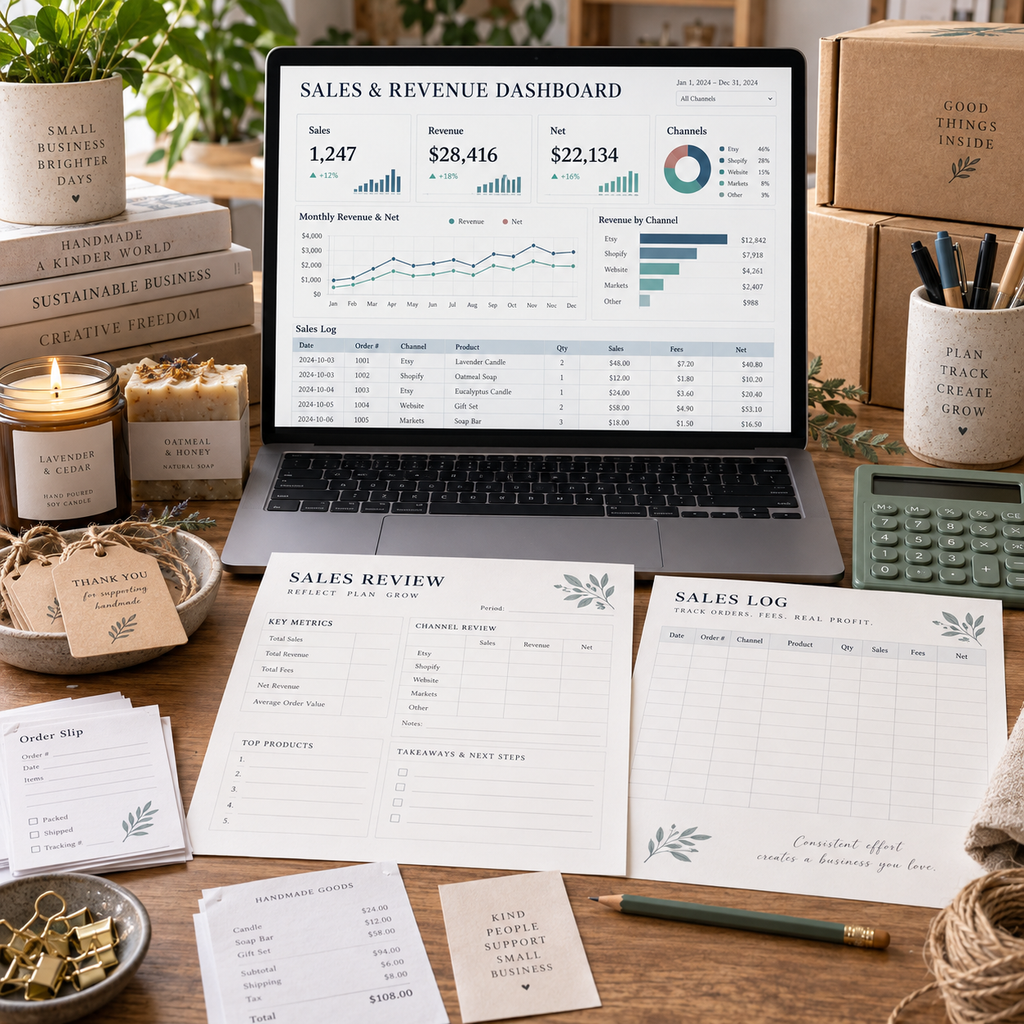 Sales & Revenue Dashboard workbook and printable sales worksheets on a handmade business worktable