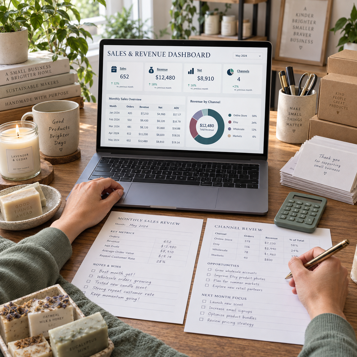 Maker reviewing Sales & Revenue Dashboard metrics and channel review worksheet