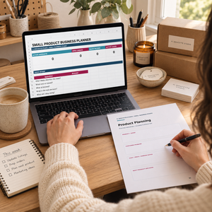 Maker using the Small Product Business Planner dashboard and printed product planning worksheet