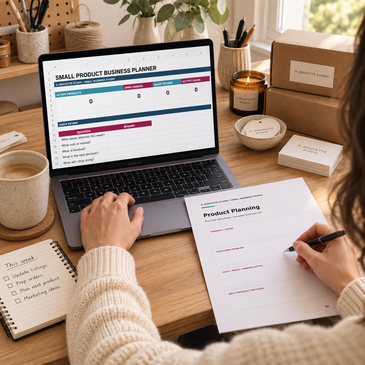Maker using the Small Product Business Planner dashboard and printed product planning worksheet