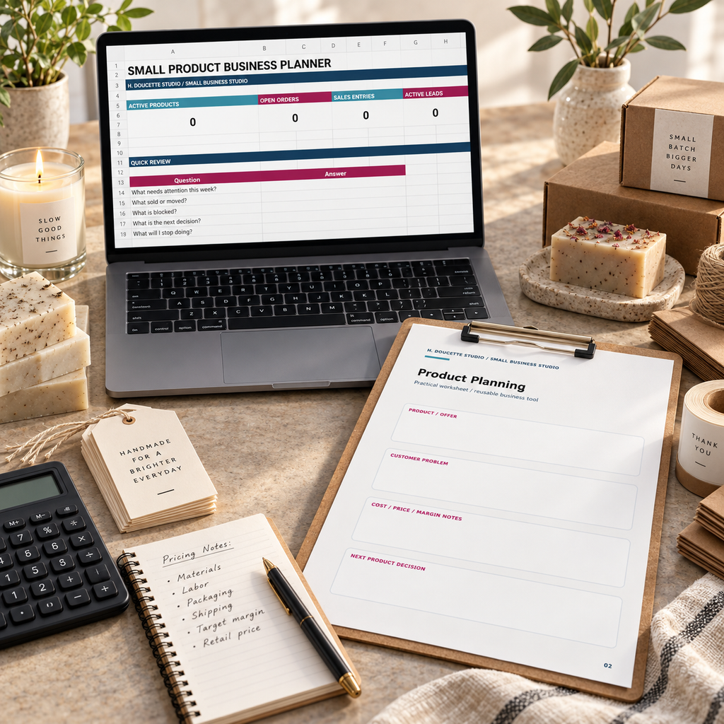 Small Product Business Planner dashboard and product planning worksheet on a maker pricing worktable