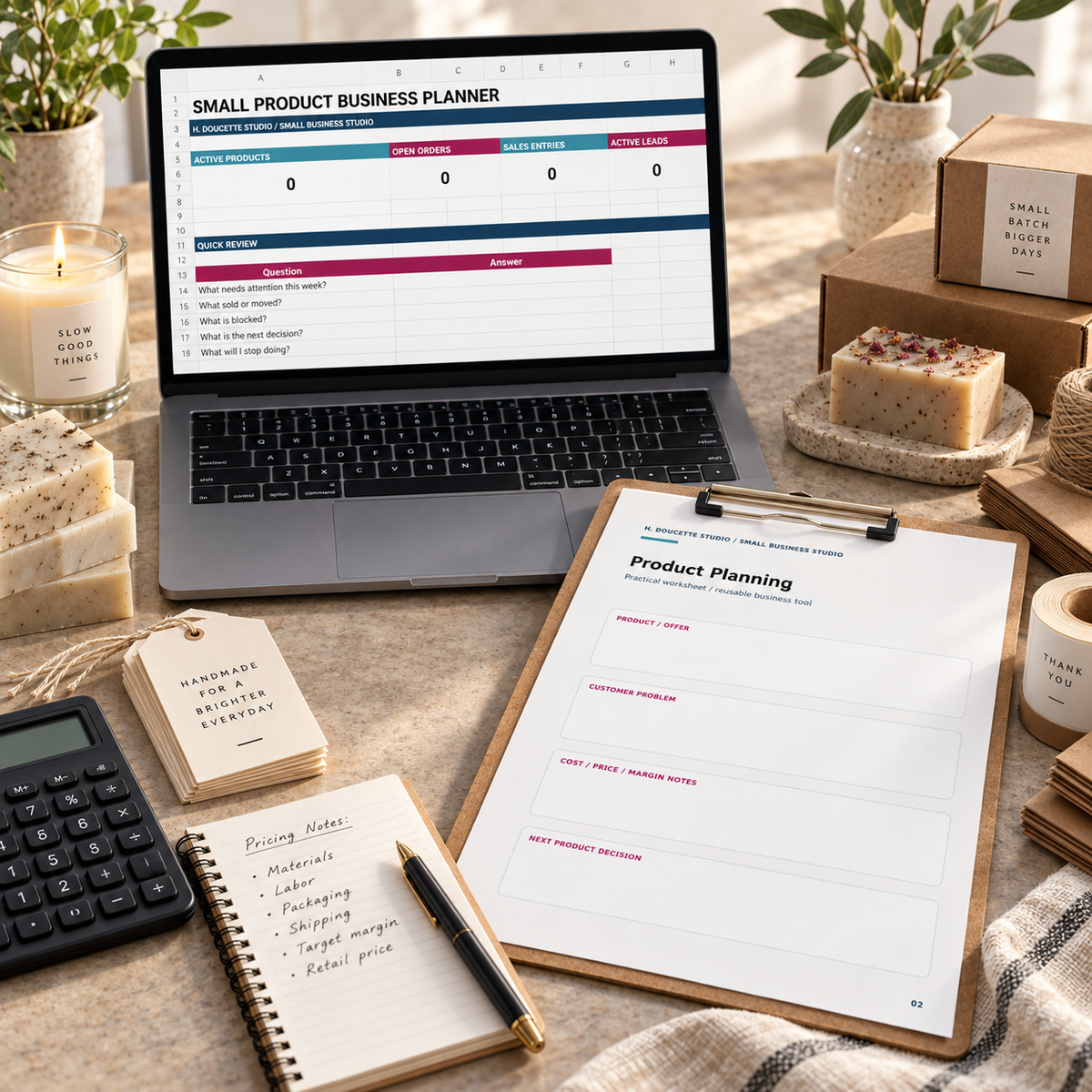 Small Product Business Planner dashboard and product planning worksheet on a maker pricing worktable