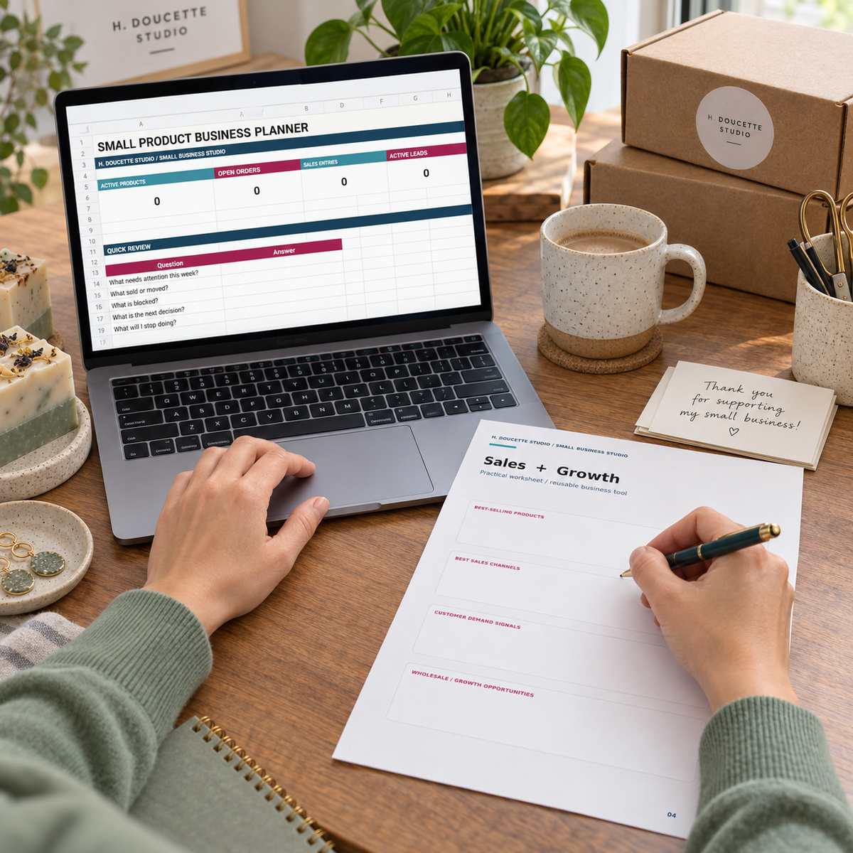 Maker reviewing the Small Product Business Planner dashboard and Sales and Growth worksheet