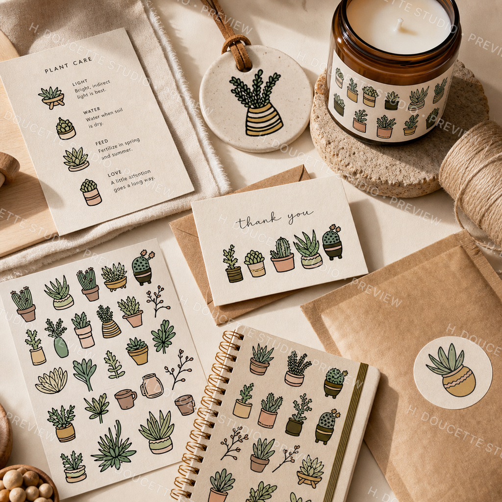 Succulent clipart used on plant care cards, candle packaging, stickers, stationery, and a branded notebook