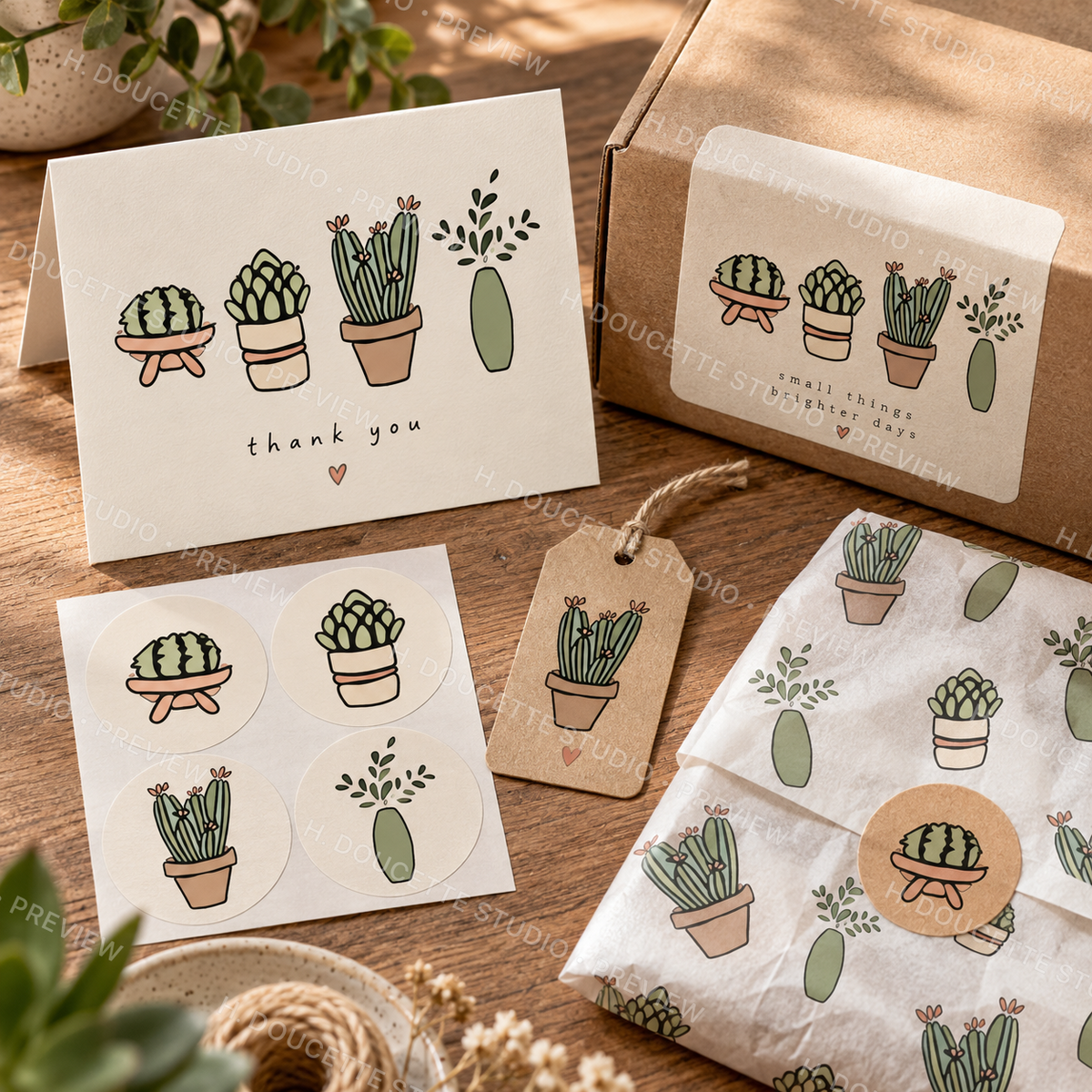 Succulent clipart used on thank-you cards, kraft packaging labels, product tags, stickers, and tissue paper