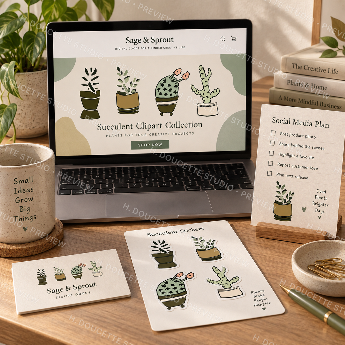 Succulent clipart used on a small business website, social media planner, business card, and sticker sheet