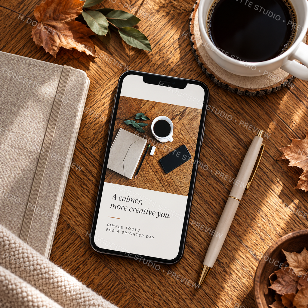 Warm neutral workspace stock photo displayed as a branded social media post on a smartphone