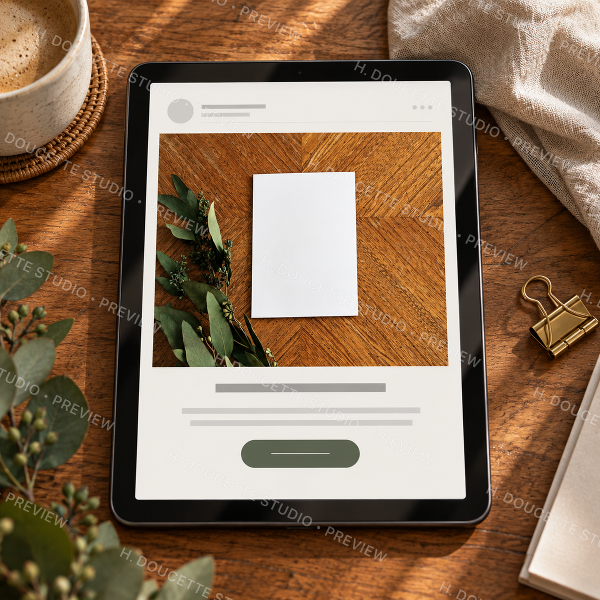 Warm neutral stationery stock photo displayed in an email campaign on a tablet