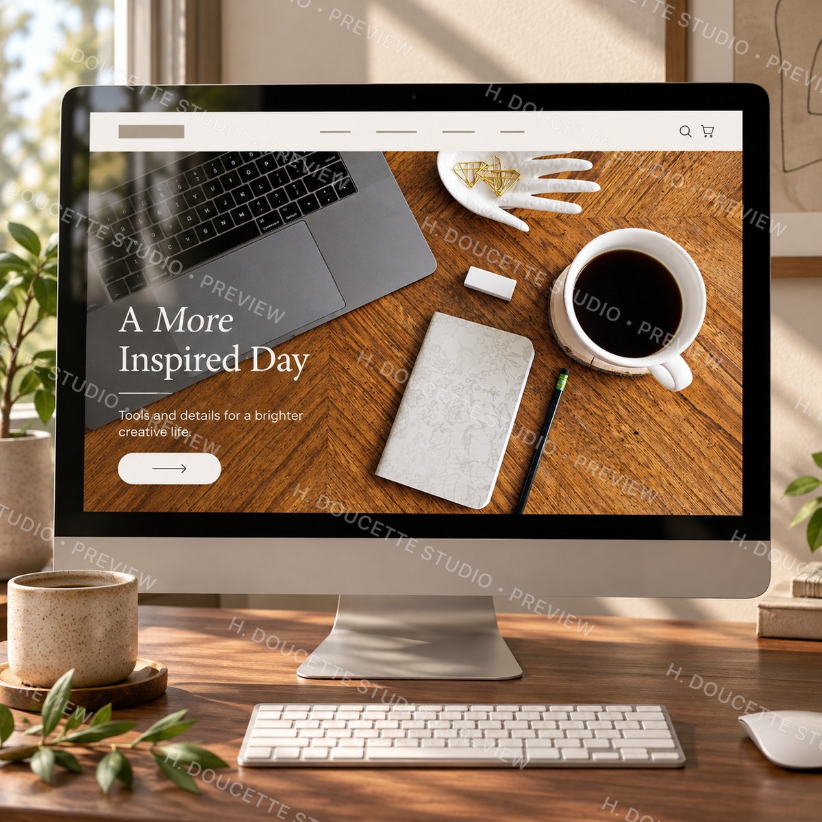 Warm neutral workspace stock photo displayed as a website hero on a desktop monitor