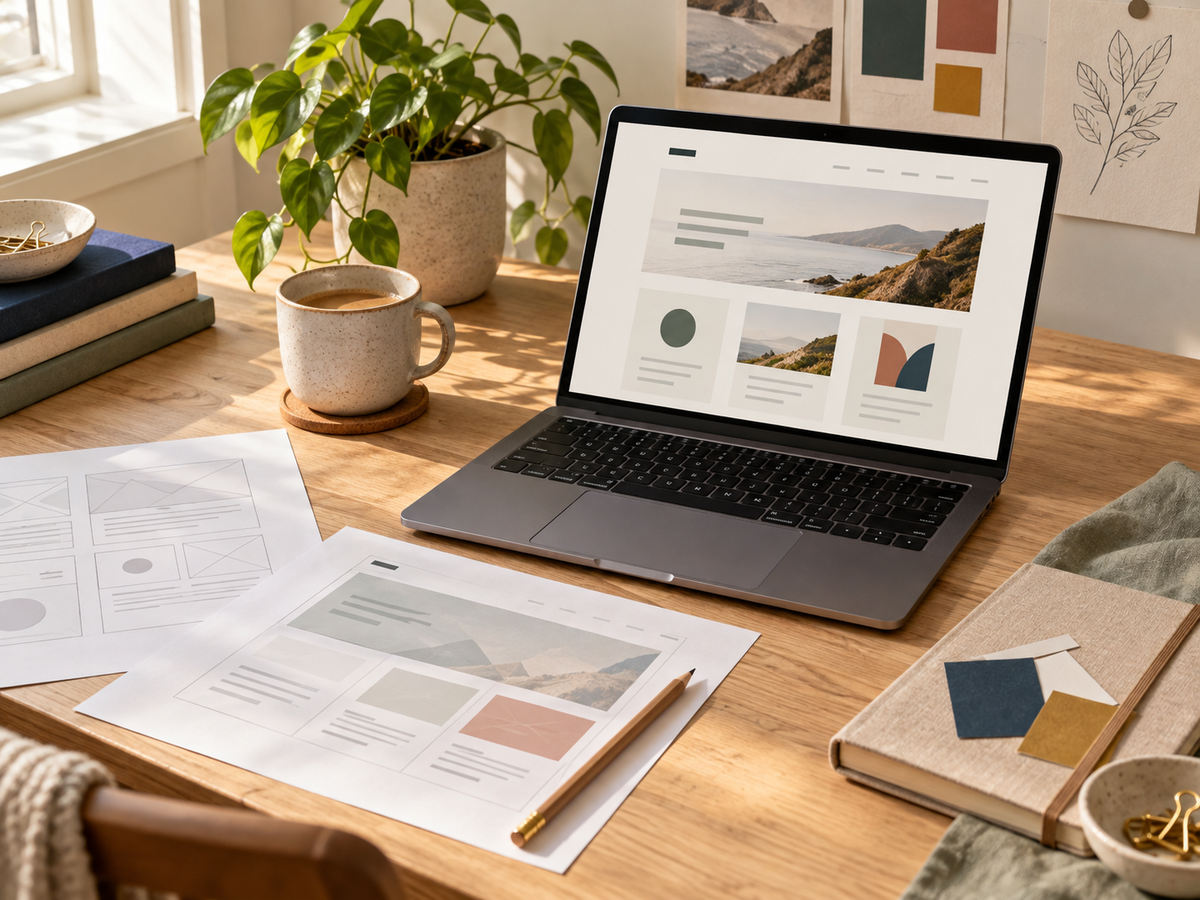 Laptop showing a website wireframe layout beside sketched wireframe pages, representing the Website Clarity Refresh process